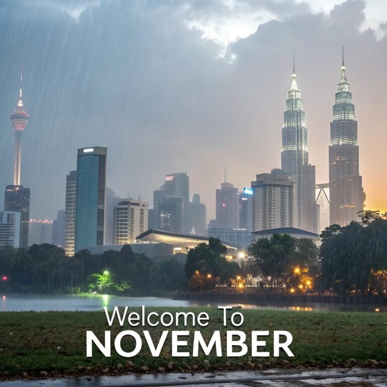 A scenic shot of Kuala Lumpur skyline during or after a light rain
