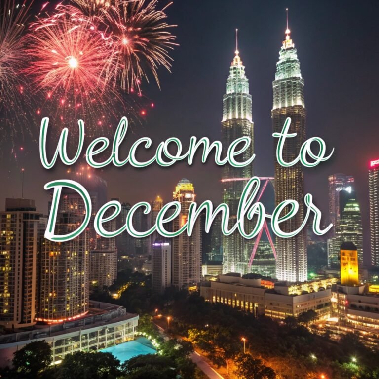 Kuala Lumpur skyline at night with holiday lights or fireworks.