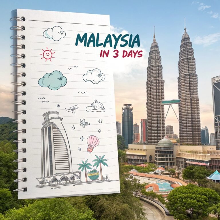 Illustrated travel notebook with drawings of Malaysia landmarks and tropical elements overlaid on a real photo of the Petronas Twin Towers in Kuala Lumpur, with the title "Malaysia in 3 Days."