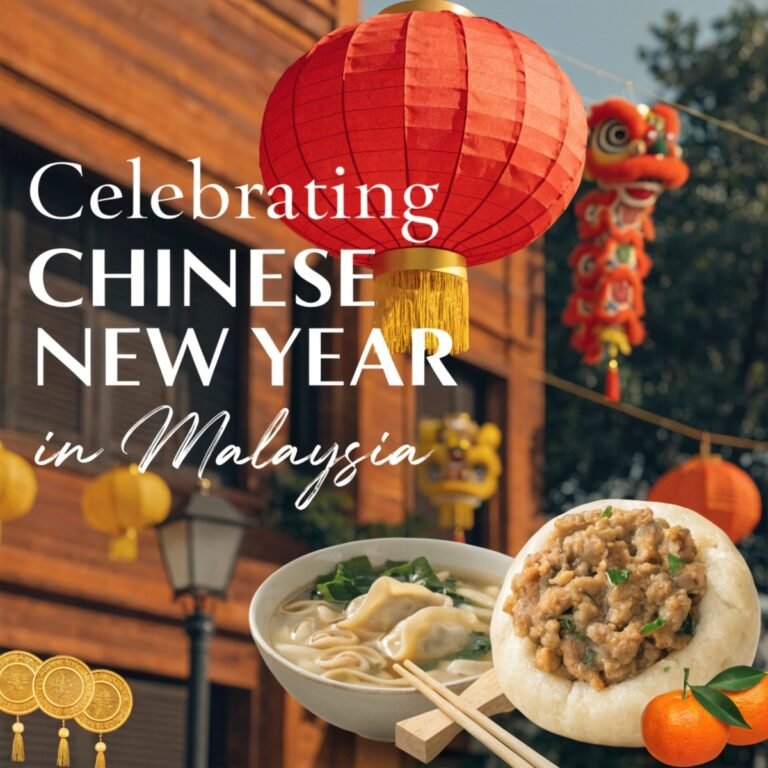 Chinese New Year in Malaysia celebration with red lanterns lion dance and traditional festive food.